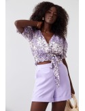 Short envelope blouse with flowers and a belt, purple and cream 02041 - Online store - Boutique